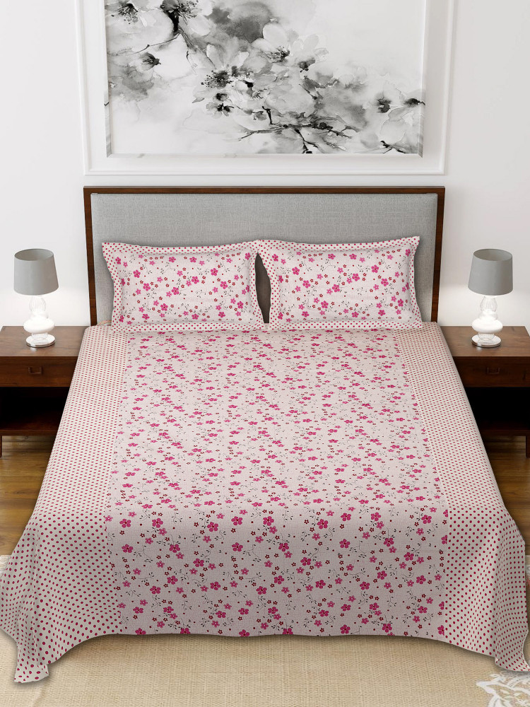 Kuber Industires Flower Design Pure Cotton Soft Light Weight Double Bedsheet With 2 Pillow Cover (Pink)-HS_38_KUBMART21123
