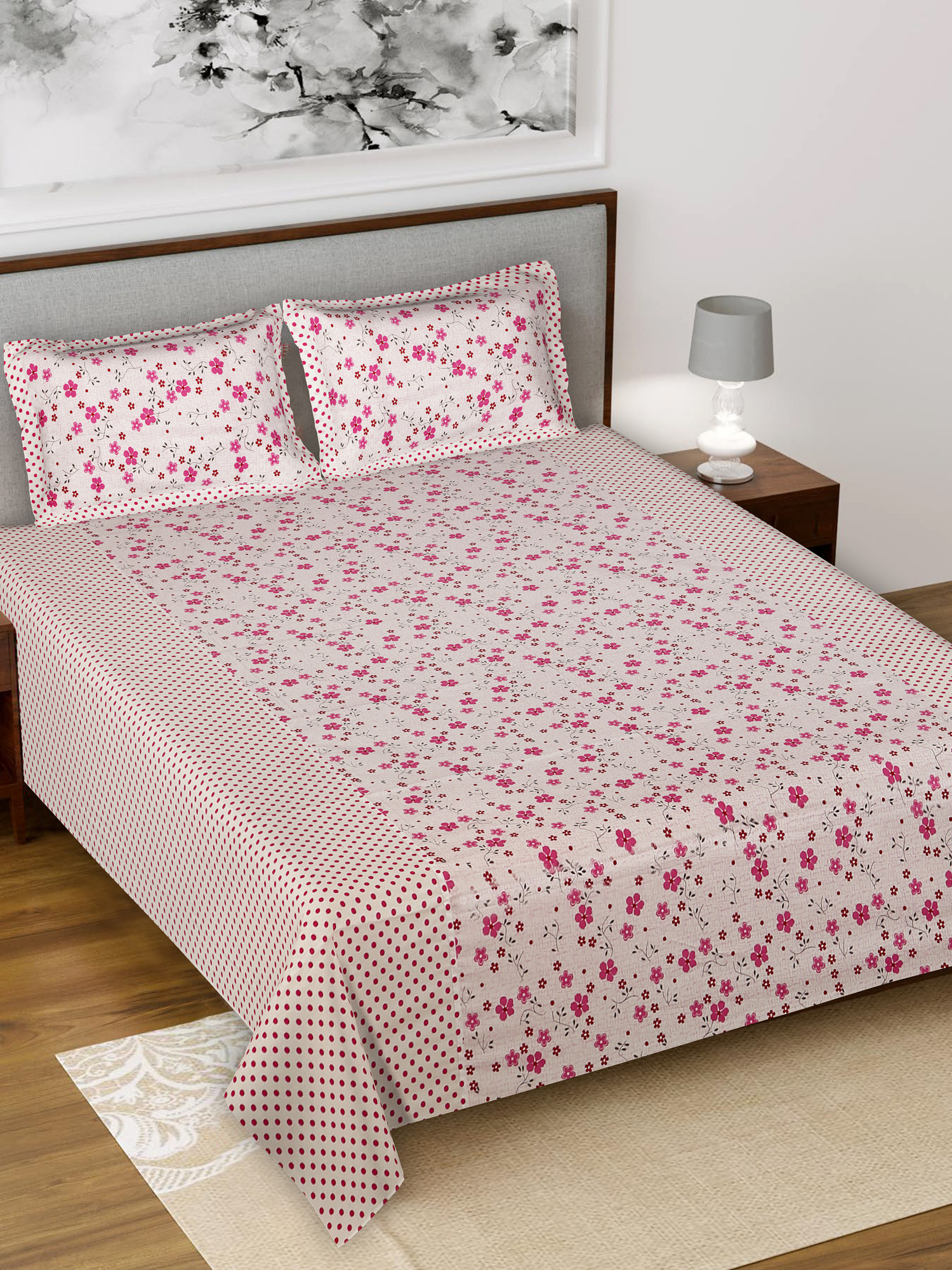 Kuber Industires Flower Design Pure Cotton Soft Light Weight Double Bedsheet With 2 Pillow Cover (Pink)-HS_38_KUBMART21123