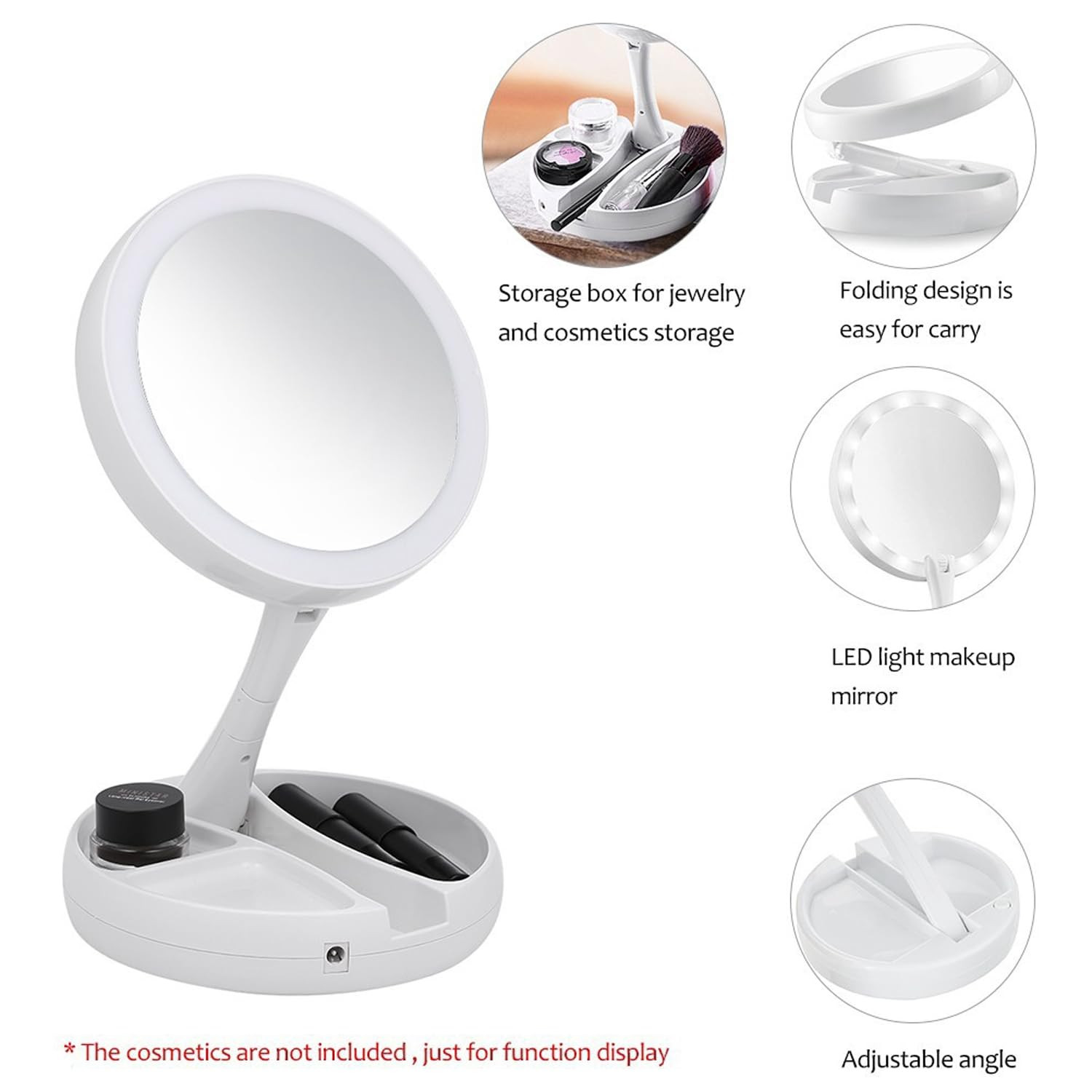Kuber Industires Foldable Makeup Mirror with LED Light|Mirror for Table Top, Vanity, Desk|Battery Operated & USB Port(White)