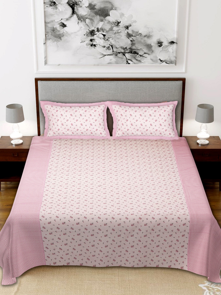 Kuber Industires Leaf Design Pure Cotton Soft Light Weight Double Bedsheet With 2 Pillow Cover (Pink)-HS_38_KUBMART21129