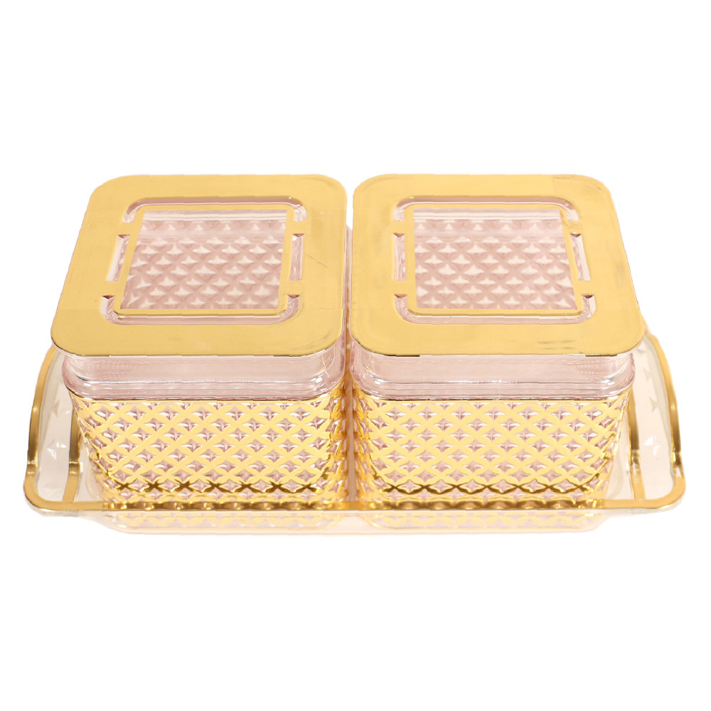Kuber Industries 2 Containers &amp; Tray Set|Unbreakable Gold Plated Plastic Snackers,Cookies,Nuts Serving Tray|Airtight Containers with Lid,400 ml (Gold)