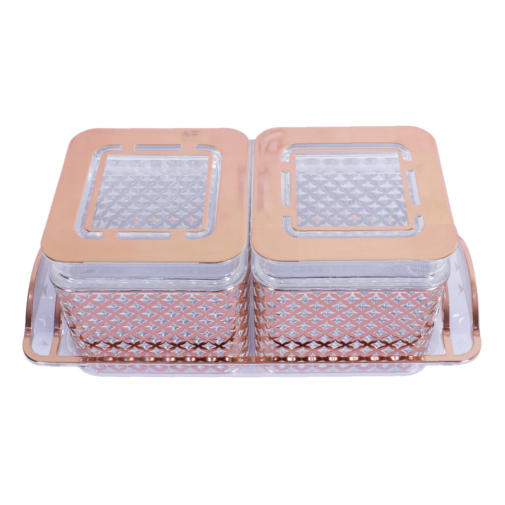 Kuber Industries 2 Containers &amp; Tray Set|Unbreakable Plastic Snackers,Cookies,Nuts Serving Tray|Airtight Containers with Lid,400 ml (Peach)