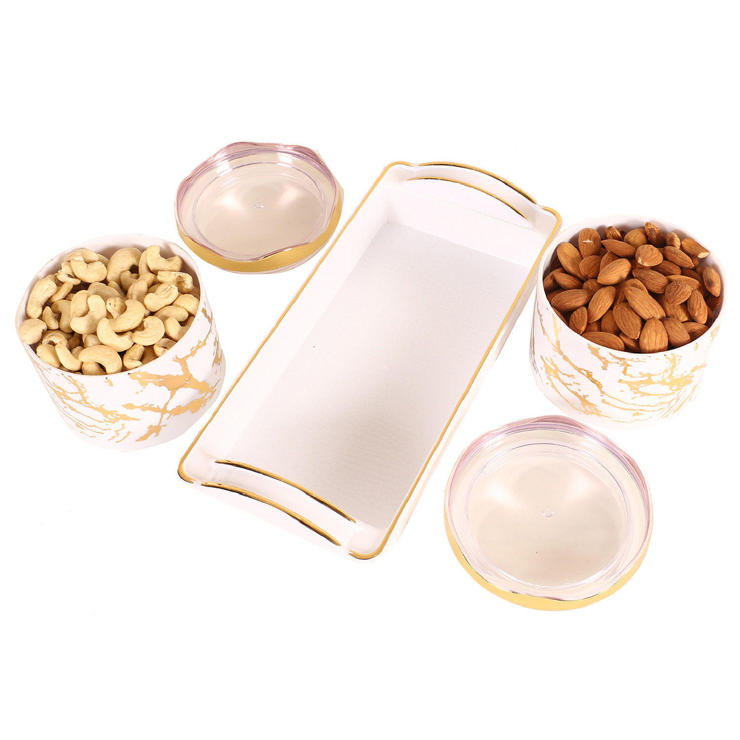 Kuber Industries 2 Containers & Tray Set|Unbreakable Plastic Snackers,Cookies,Nuts Serving Tray|Airtight Containers with Lid,350 ml (White)