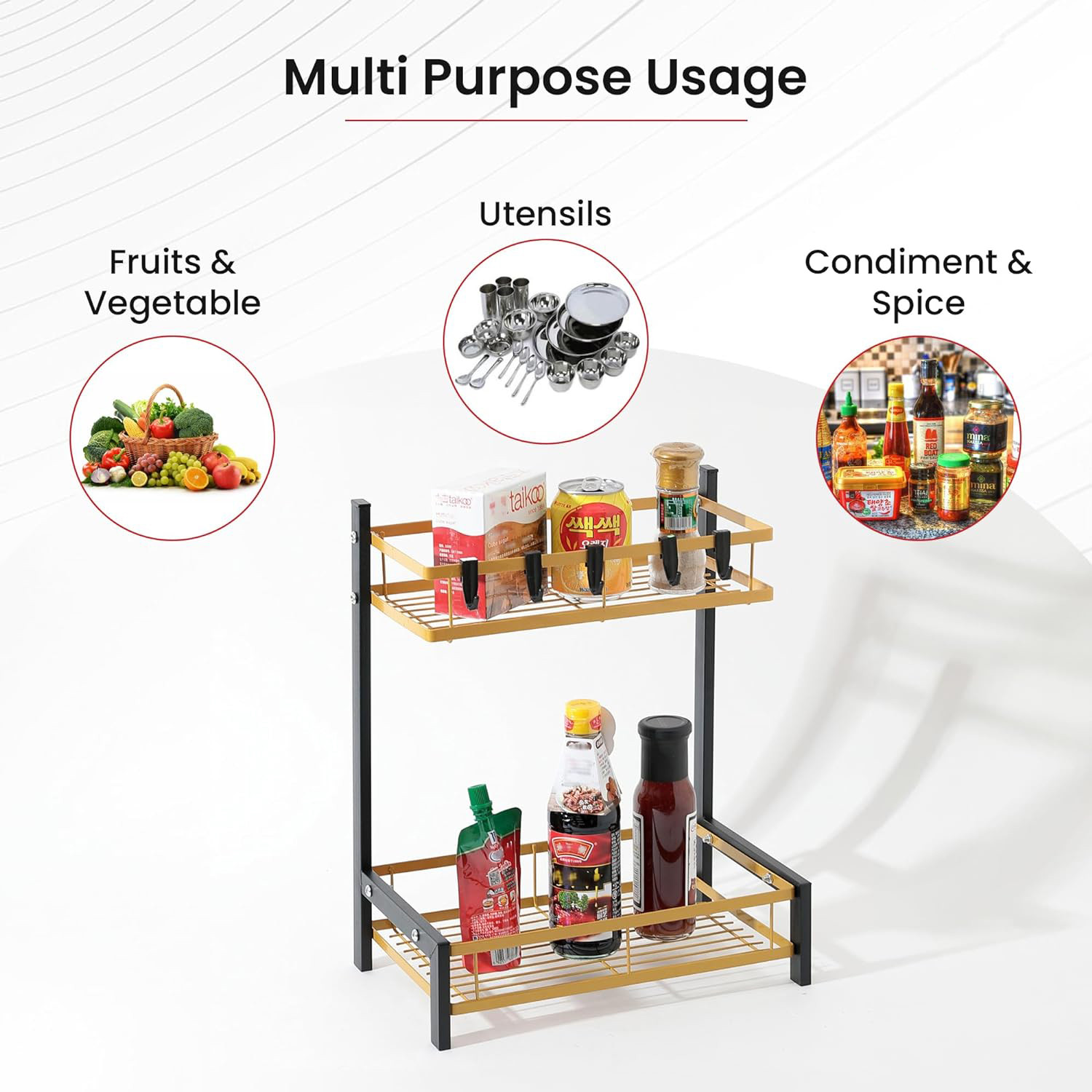 Kuber Industries 2-Layer Dish Drying Rack|Storage Rack for Kitchen Counter|Drainboard & Cutting Board Holder|Premium Utensils Basket (Black & Gold)