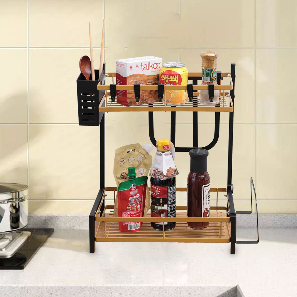Kuber Industries 2-Layer Dish Drying Rack|Storage Rack for Kitchen Counter|Drainboard &amp; Cutting Board Holder|Premium Utensils Basket (Gold &amp; Black)