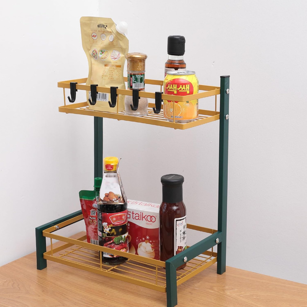 Kuber Industries 2-Layer Dish Drying Rack|Storage Rack for Kitchen Counter|Drainboard &amp; Cutting Board Holder|Premium Utensils Basket (Green &amp; Gold)
