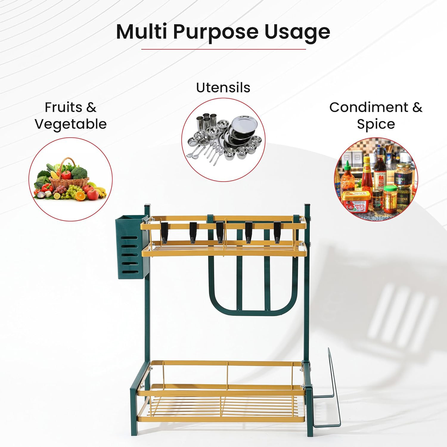 Kuber Industries 2-Layer Dish Drying Rack|Storage Rack for Kitchen Counter|Drainboard & Cutting Board Holder|Premium Utensils Basket (Gold & Green)
