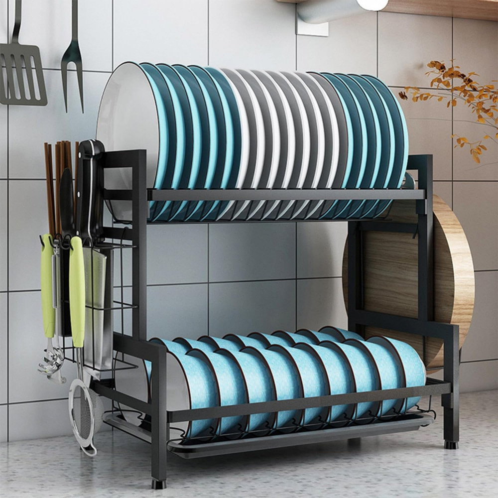 Kuber Industries 2-Layer Dish Drying Rack|Storage Rack for Kitchen Counter|Drainboard &amp; Cutting Board Holder|Premium Utensils Basket|Free Mounting (Black)