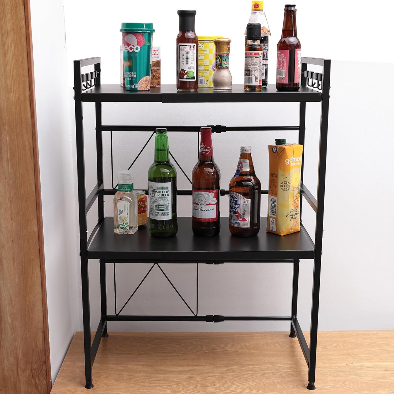 Kuber Industries 2-Layer Microwave Oven Rack|Telescopic Storage Rack|Microwave Shelf Stand with Hanging Hooks|Kitchen Counter Shelf Organizer (Black)