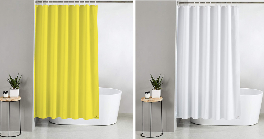 Kuber Industries 2 Pieces PEVA Shower Curtain Liner , Heavy Duty Plastic Shower Curtain With Hooks for Bathroom, Bathtub, 70&quot; x 80&quot;, Yellow &amp; White-33_S_KUBQMART11558