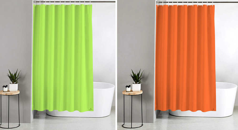 Kuber Industries 2 Pieces PEVA Shower Curtain Liner , Heavy Duty Plastic Shower Curtain With Hooks for Bathroom, Bathtub, 70&quot; x 80&quot;, Green &amp; Orange-33_S_KUBQMART11560