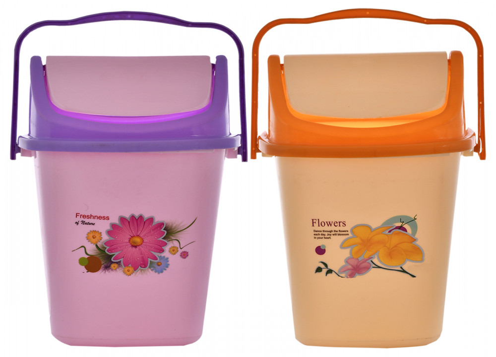Kuber Industries 2 Pieces Pluto Plastic Swing Printed Garbage Waste Dustbin for Home, Office with Handle, 5 Liters (Cream &amp; Purple)-KUBMART3106