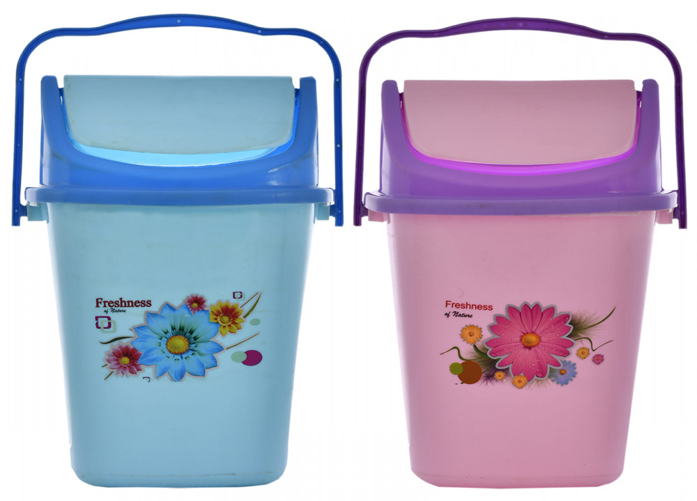 Kuber Industries 2 Pieces Pluto Plastic Swing Printed Garbage Waste Dustbin for Home, Office with Handle, 5 Liters (Blue &amp; Purple)-KUBMART3108