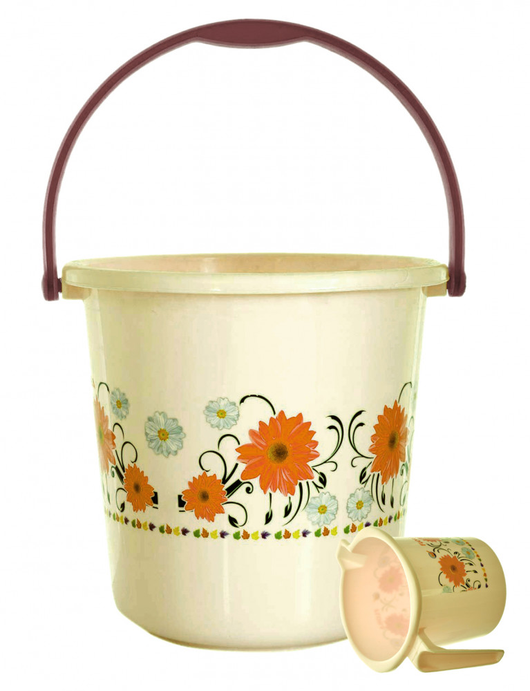 Kuber Industries 2 Pieces Unbreakable Virgin Plastic Bathroom Bucket With Mug Set- Cream, (1 Pc 18 LTR Bucket &amp; 1 Pc 1 LTR Mug)-KUBMART1268