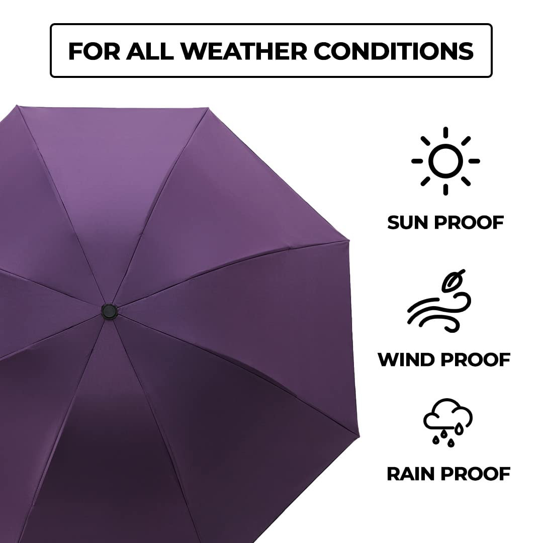 Kuber Industries 3 Fold Manual Umbrella | Windproof, Sunproof & Rainproof | With Polyester Canopy, Sturdy Steel Shaft & Wrist Straps | Easy to Hold & Carry | Umbrella for Women, Men & Kids | Purple