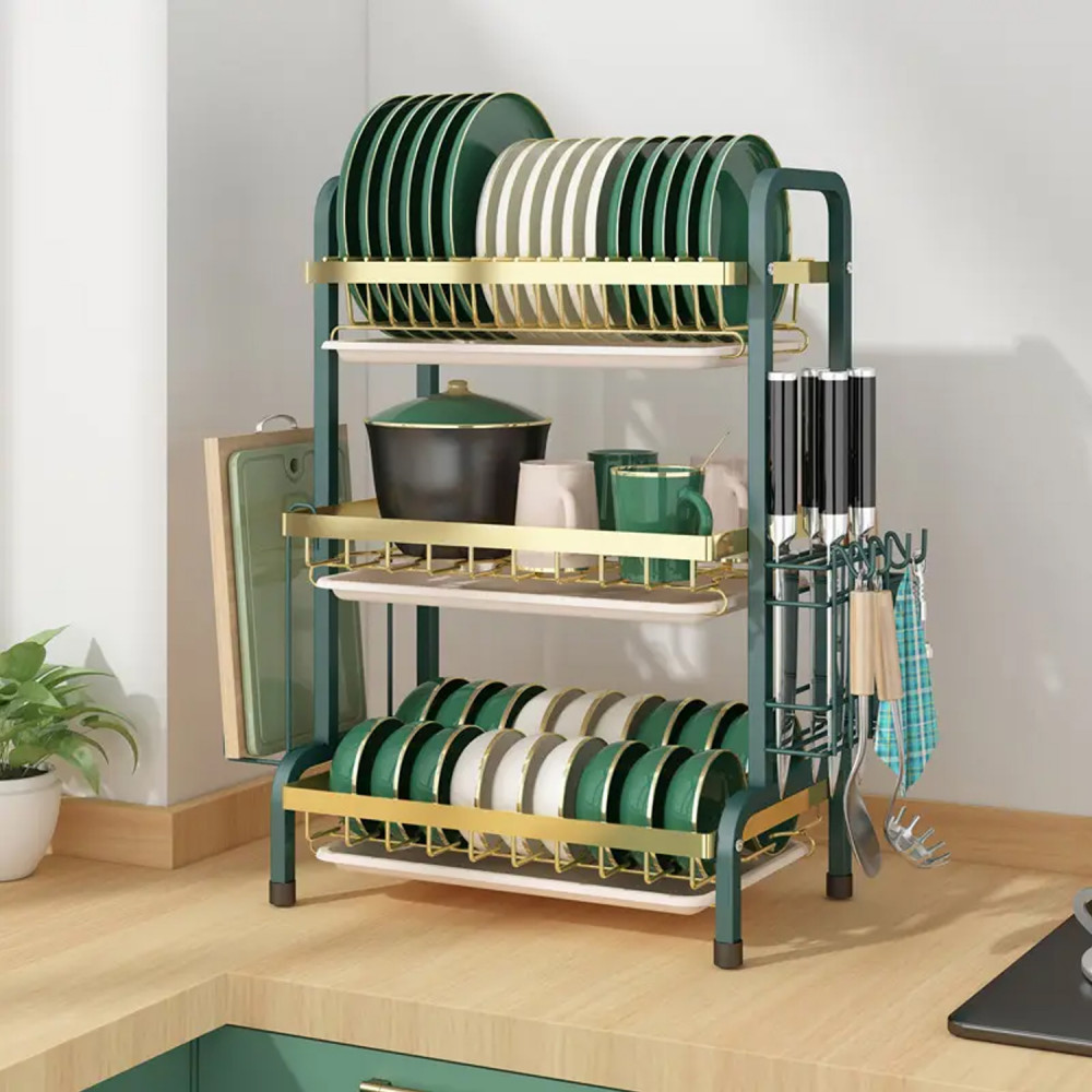 Kuber Industries 3-Layer Dish Drying Rack|Storage Rack for Kitchen Counter|Drainboard &amp; Cutting Board Holder|Premium Utensils Basket (Gold &amp; Dark Green)