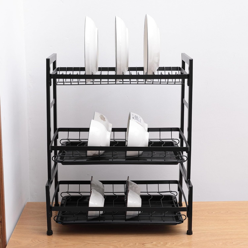 Kuber Industries 3-Layer Dish Drying Rack|Storage Rack for Kitchen Counter|Drainboard &amp; Cutting Board Holder|Premium Utensils Basket|Free Mounting (Black)