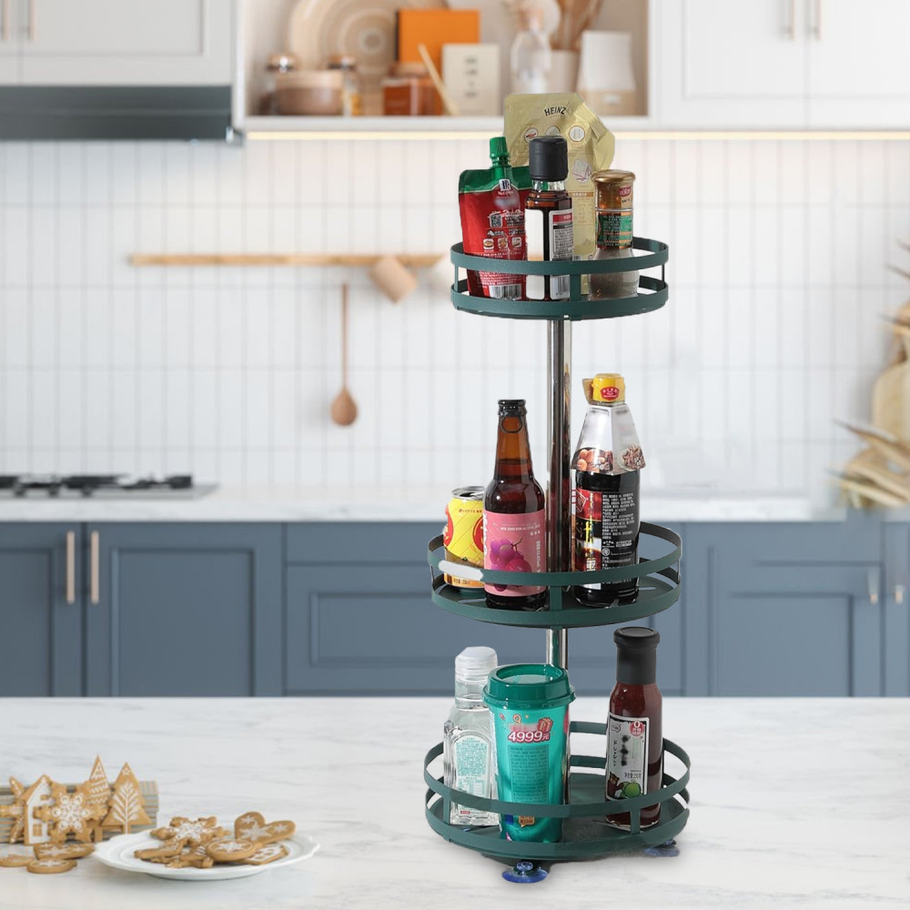 Kuber Industries 3-Layer Rotating Spice Rack|Circular Shelf for Cabinet Countertop|360-Degree Rotable Kitchen Trolley|Fruit Basket (Dark Green)