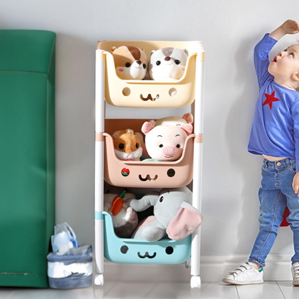 Kuber Industries 3 Layer Smiley Design Children&#039;s Storage Rack|Kids Toy Storage Organizer|3-Layer Rolling Cart|Multicolor|