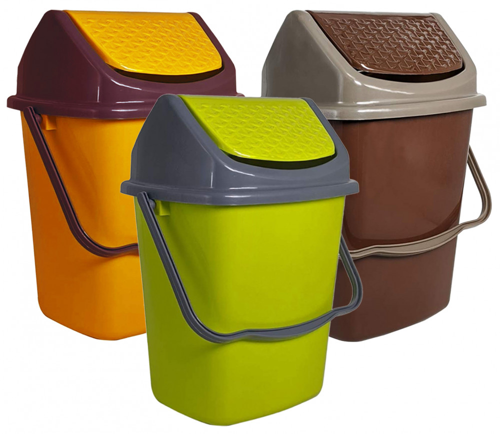 Kuber Industries 3 Pieces Delight Plastic Swing  Garbage Waste Dustbin for Home, Office with Handle, 5 Liters (Green &amp; Brown &amp; Yellow)