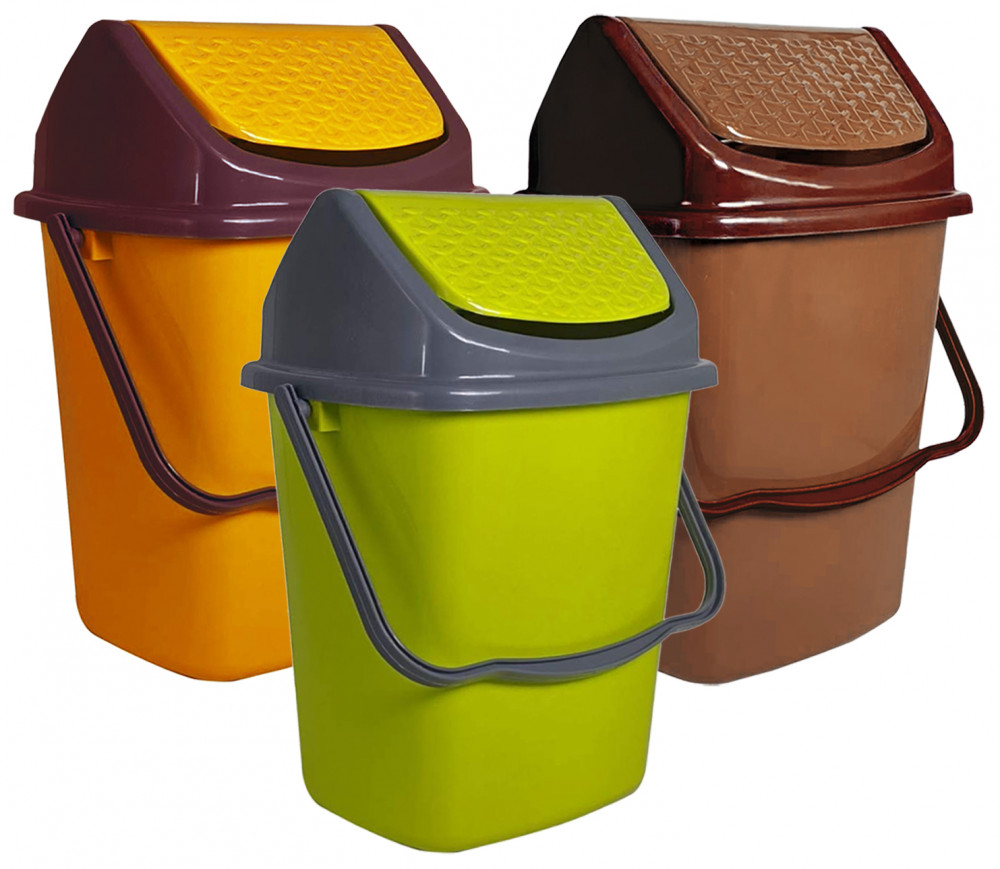 Kuber Industries 3 Pieces Delight Plastic Swing  Garbage Waste Dustbin for Home, Office with Handle, 5 Liters (Green &amp; Brown &amp; Light Brown)