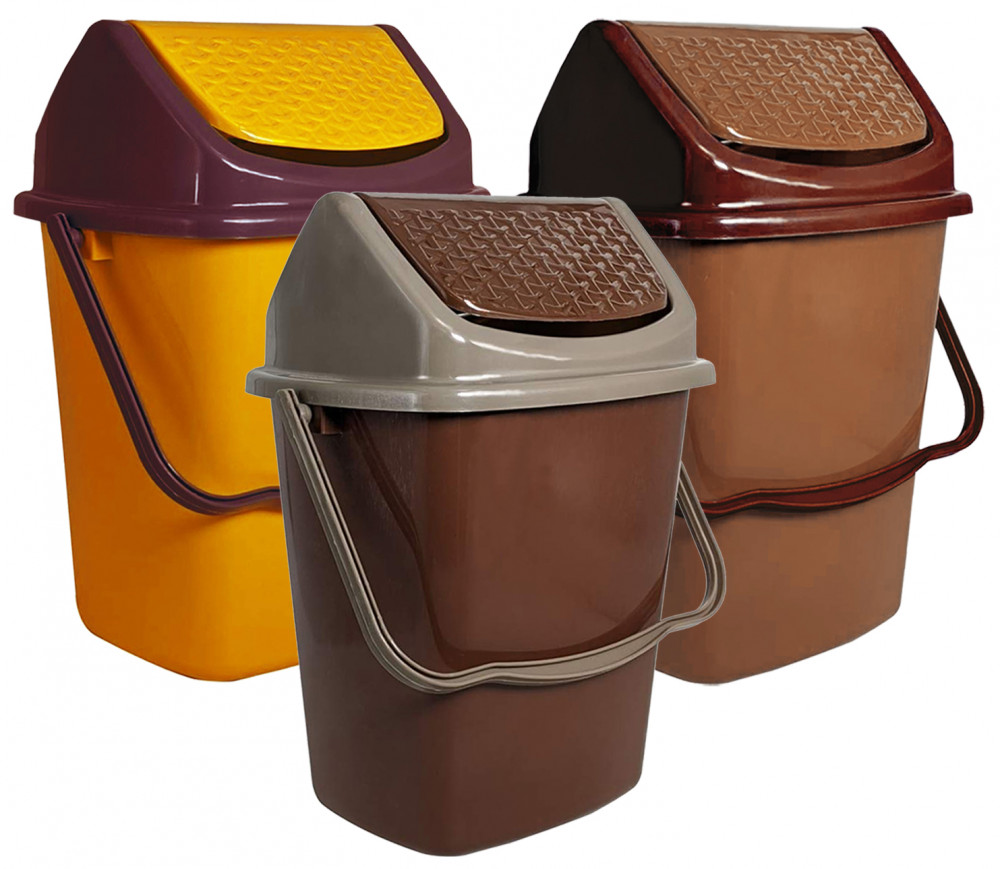Kuber Industries 3 Pieces Delight Plastic Swing  Garbage Waste Dustbin for Home, Office with Handle, 5 Liters (Brown &amp; Yellow &amp; Light Brown)