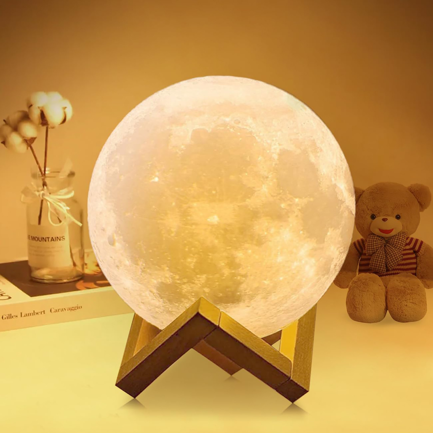 Kuber Industries 3D Moon Lamp | 7 Color Changing Moon Lamp | Chargeable Night Lamp for Kids Room | Home Decoration Lamp for Bedroom | Hall | 15 cm | White