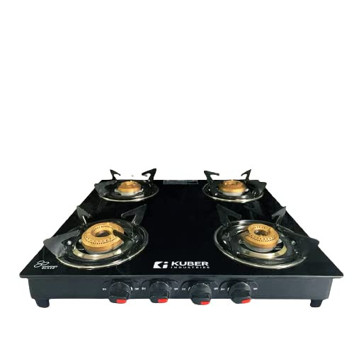 Kuber Industries 4 Burner Gas Stove | Toughened Glass Top I Manual Ignition & Cast Iron Burner | Easy to Clean, Wobble Free Pan Support Stand | Break Resistant | Black (ISI Certified)