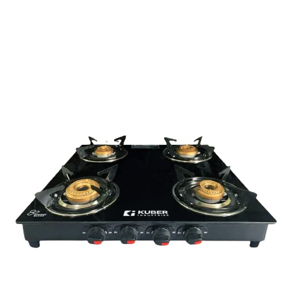Kuber Industries 4 Burner Gas Stove | Toughened Glass Top I Manual Ignition &amp; Cast Iron Burner | Easy to Clean, Wobble Free Pan Support Stand | Break Resistant | Black (ISI Certified)