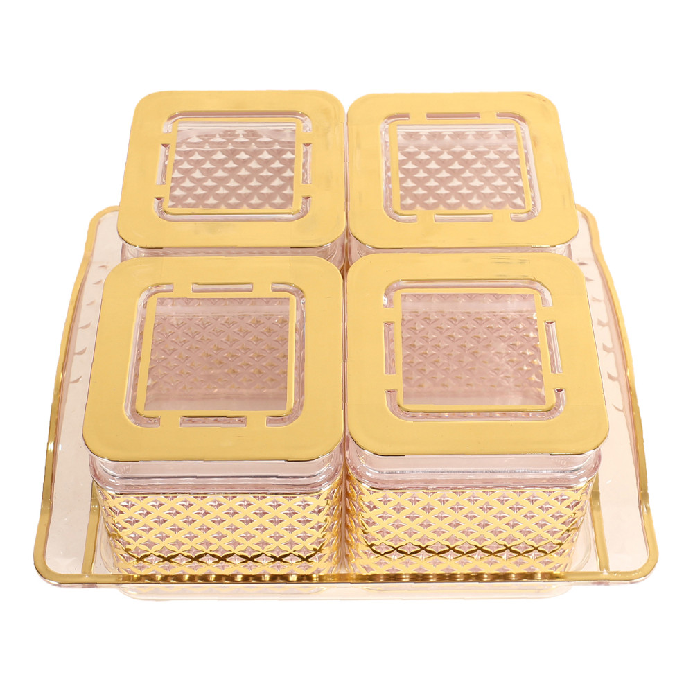 Kuber Industries 4 Containers &amp; Tray Set|Unbreakable Gold Plated Plastic Snackers,Cookies,Nuts Serving Tray|Airtight Containers with Lid,400 ml (Gold)