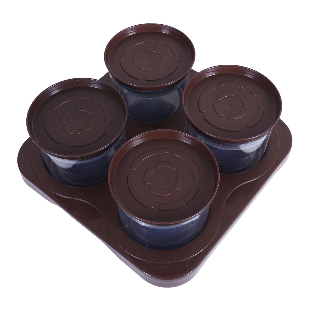 Kuber Industries 4 Containers &amp; Tray Set|Unbreakable Plastic Snackers,Cookies,Nuts Serving Tray|Airtight Containers with Lid,350 ml (Brown)