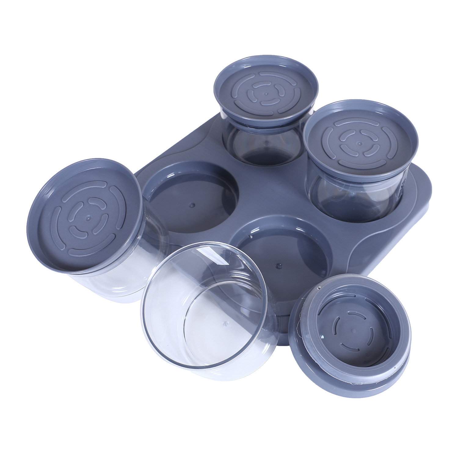 Kuber Industries 4 Containers & Tray Set|Unbreakable Plastic Snackers,Cookies,Nuts Serving Tray|Airtight Containers with Lid,350 ml (Gray)
