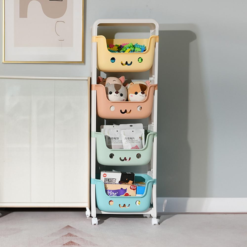 Kuber Industries 4 Layer Smiley Design Children&#039;s Storage Rack|Kids Toy Storage Organizer|4-Layer Rolling Cart|Multicolor|