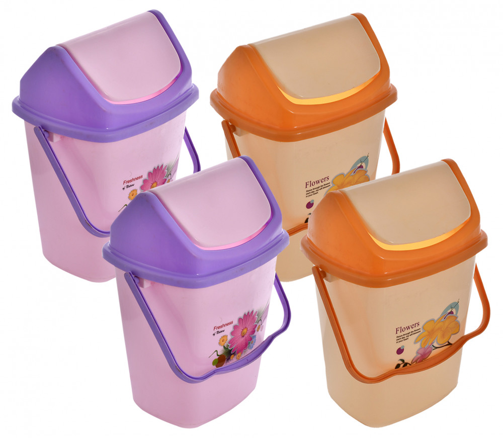 Kuber Industries 4 Pieces Pluto Plastic Swing Printed Garbage Waste Dustbin for Home, Office with Handle, 5 Liters (Cream &amp; Purple)-KUBMART3114