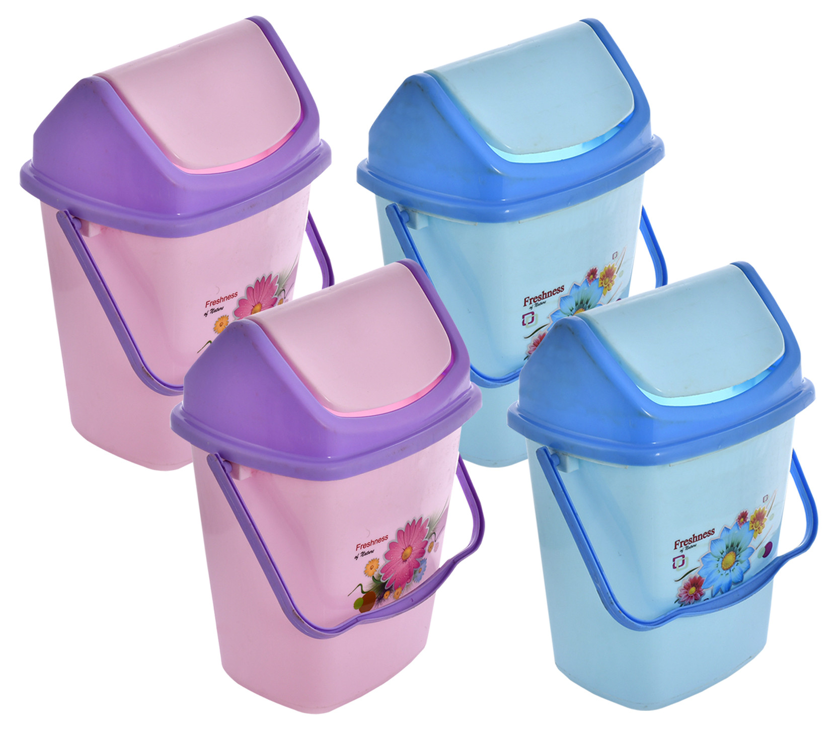 Kuber Industries 4 Pieces Pluto Plastic Swing Printed Garbage Waste Dustbin for Home, Office with Handle, 5 Liters (Blue & Purple)-KUBMART3116