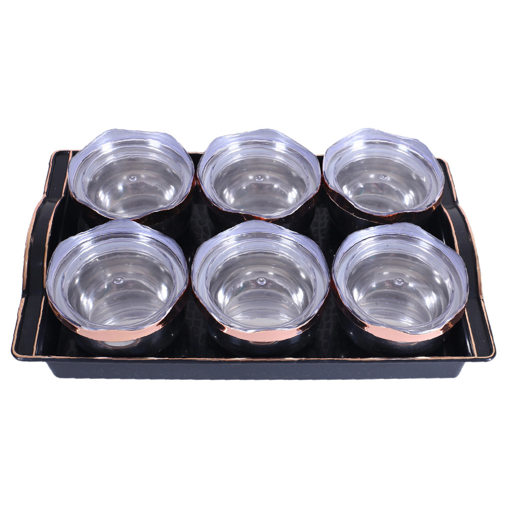 Kuber Industries 6 Containers &amp; Plastic Tray Set|Stainless Steel Snackers,Cookies,Nuts Serving Bowls|Airtight Containers with Lid,300 ml (Black)