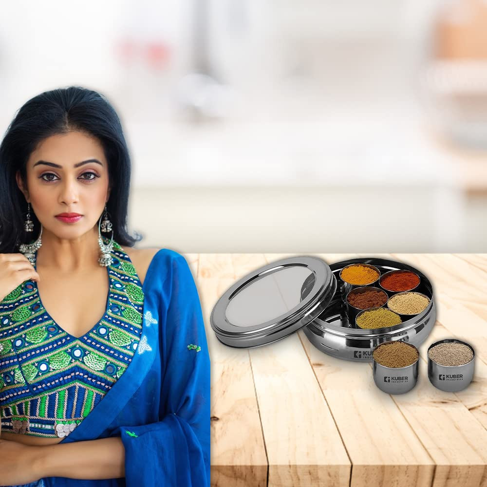 Kuber Industries 7 in 1 Stainless Steel Belly Shape Masala (Spice) Box I 7 Containers and Spoon I See Through Lid I Masala Daani/Dabba for Kitchen I Silver, Large (1250 ml)