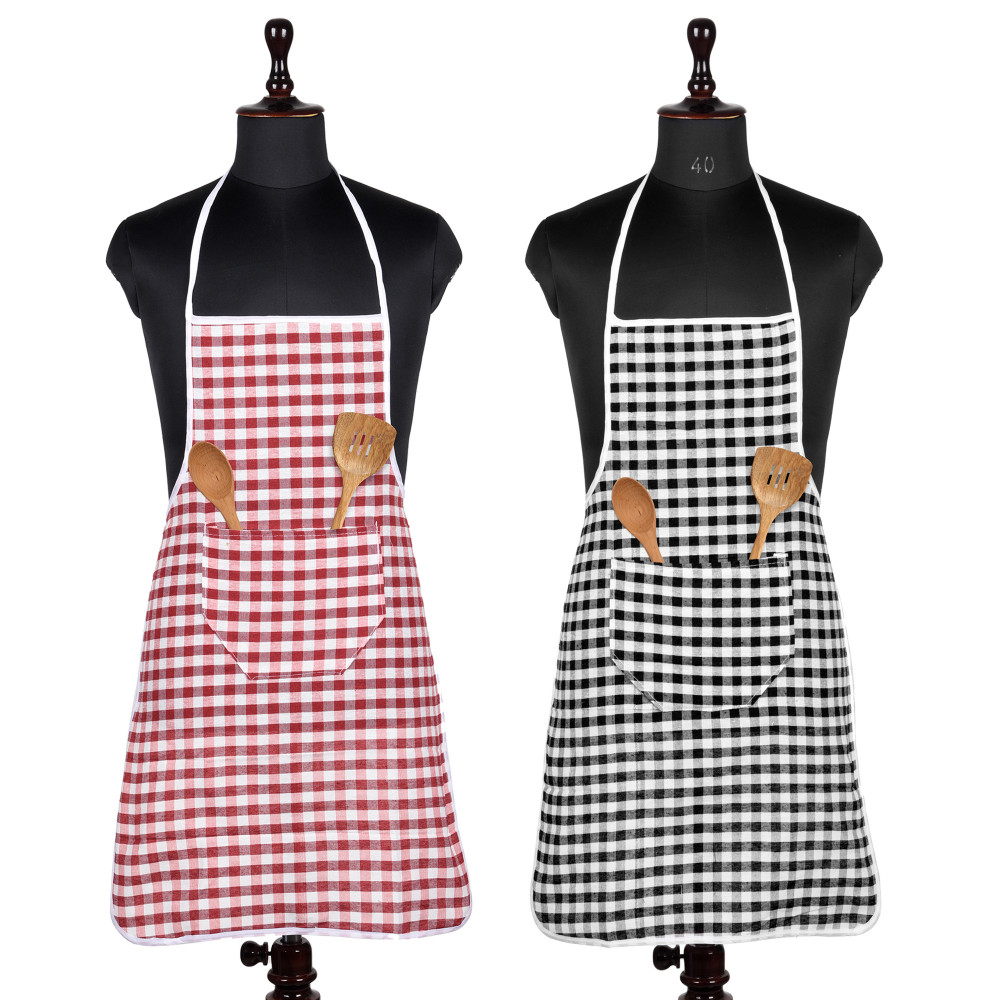 Kuber Industries Apron | Cotton Front Pocket Kitchen Apron | Check New Apron for Restaurent | Apron for Housewife | Chef Apron for Kitchen | Chef Bib Apron | Pack of 2 | Multicolor