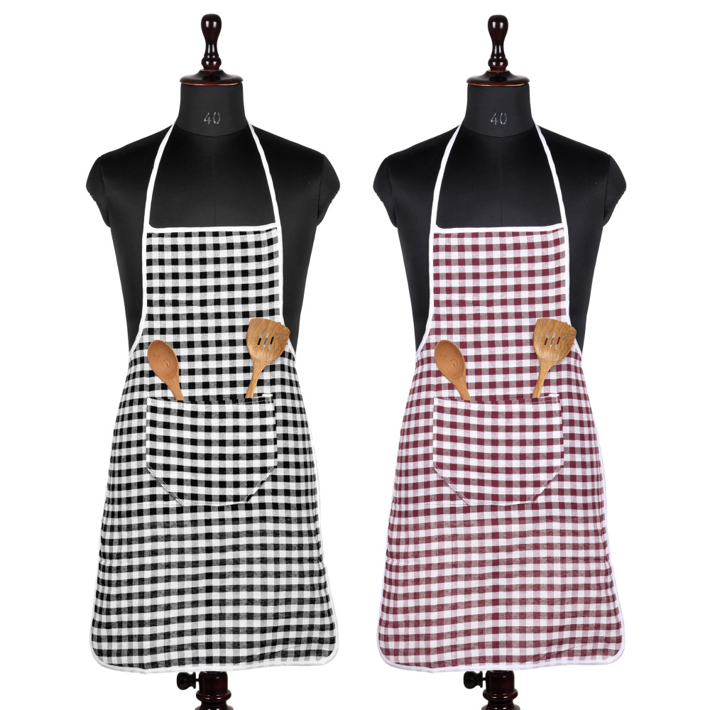 Kuber Industries Apron | Cotton Front Pocket Kitchen Apron | Check New Apron for Restaurent | Apron for Housewife | Chef Apron for Kitchen | Chef Bib Apron | Pack of 2 | Multicolor