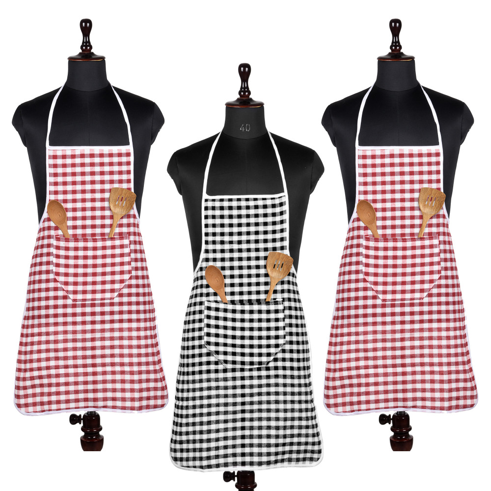 Kuber Industries Apron | Cotton Front Pocket Kitchen Apron | Check New Apron for Restaurent | Apron for Housewife | Chef Apron for Kitchen | Chef Bib Apron | Pack of 3 | Multicolor