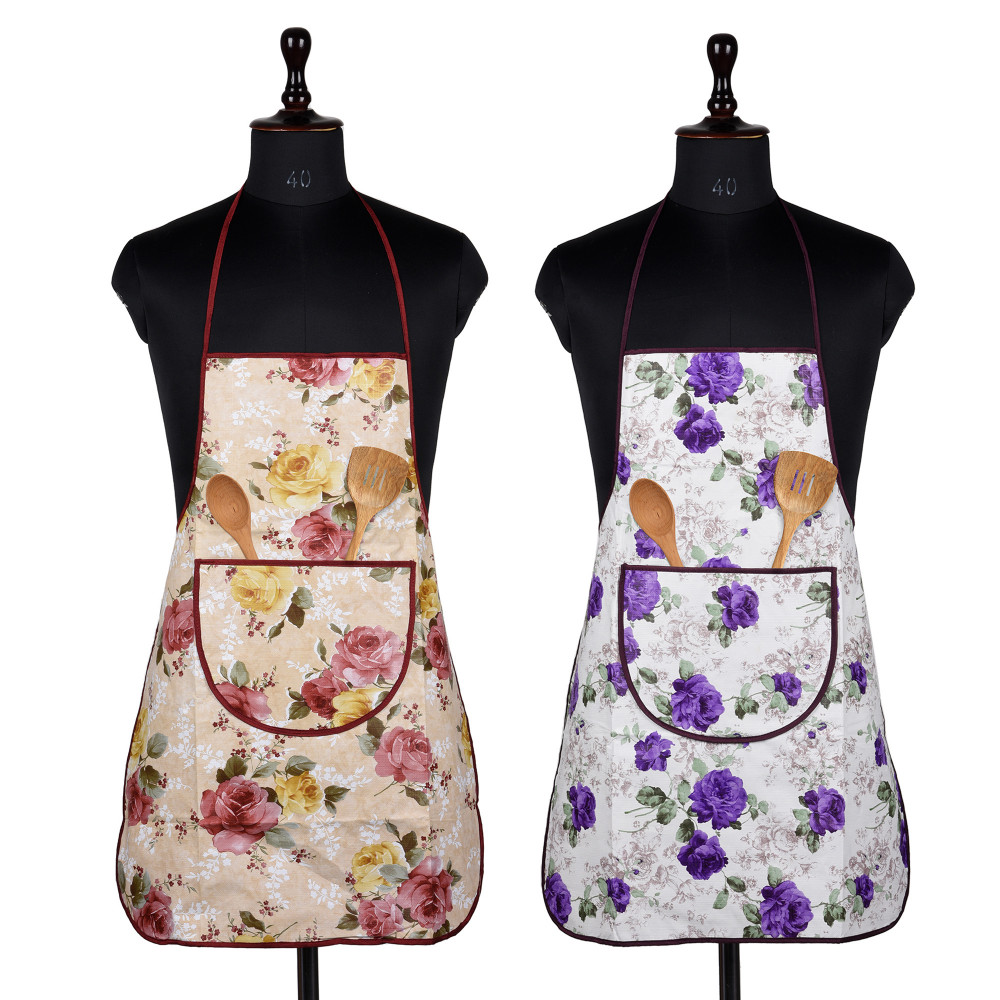 Kuber Industries Apron | PVC Cooking Kitchen Apron |  Center Pocket Apron for Restaurent | Flower Apron for Housewife | Chef Apron with Ties | Pack of 2 | Multicolor