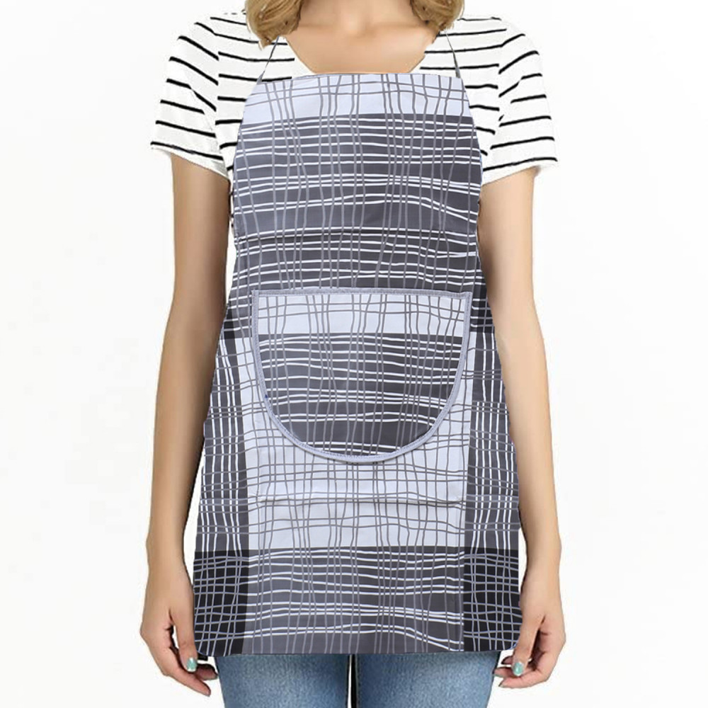 Kuber Industries Apron|PVC Unique Check Printed Kitchen Chef Cloth|Waterproof Centre Pocket Apron With Tying Cord for Men &amp; Women (Gray)