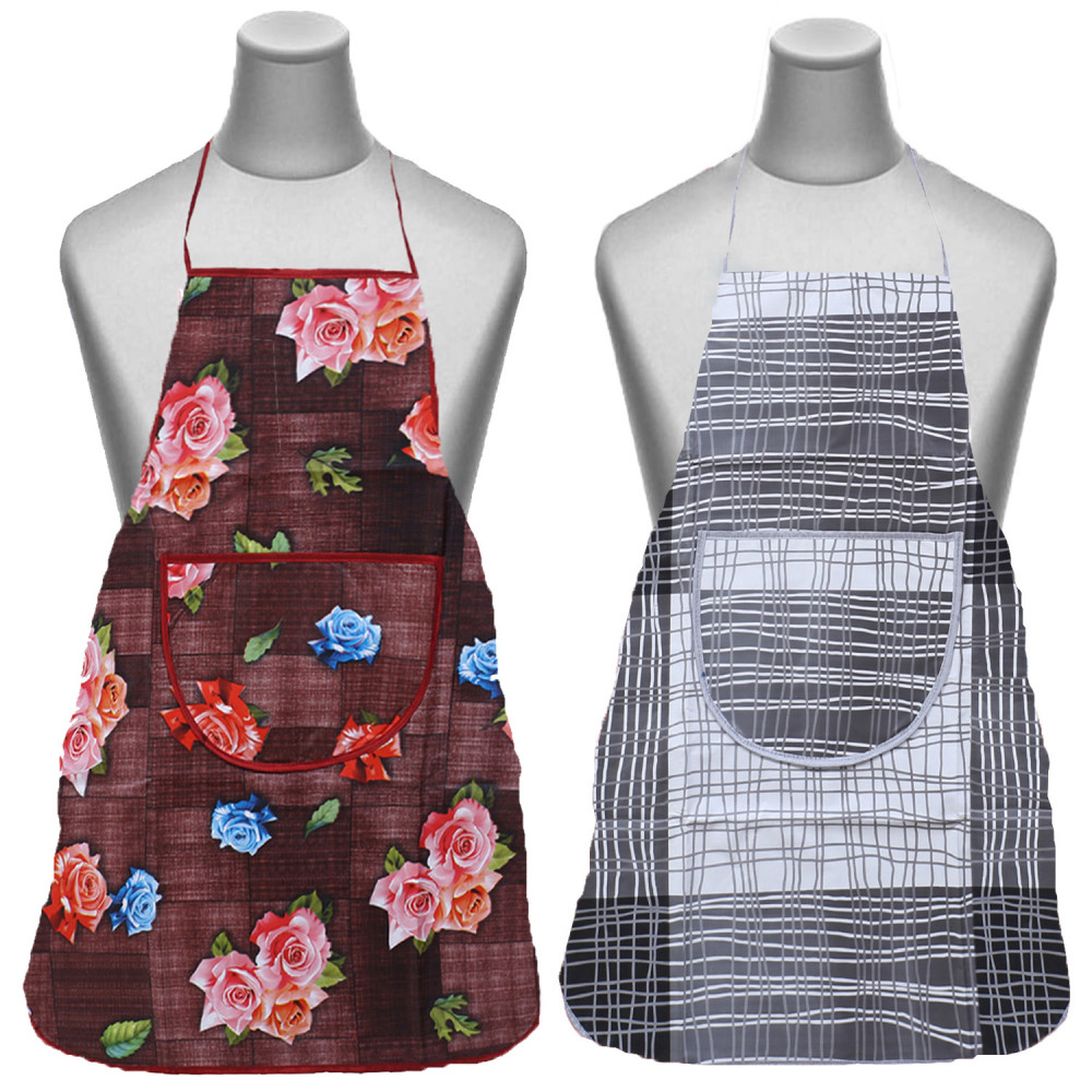 Kuber Industries Apron|PVC Unique Rose &amp; Check Print Kitchen Chef Cloth|Waterproof Centre Pocket Apron With Tying Cord for Men &amp; Women,Pack of 2 (Maroon &amp; Gray)