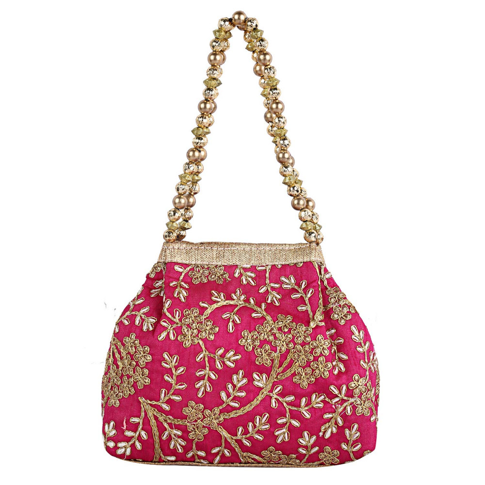 Kuber Industries Attractive Embroidery Polyester Hand Purse &amp; Artificial Pearls Handle With 3 Magnetic Lock for Woman,Girls (Pink)