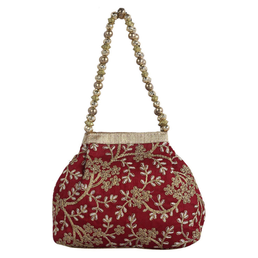 Kuber Industries Attractive Embroidery Polyester Hand Purse &amp; Artificial Pearls Handle With 3 Magnetic Lock for Woman,Girls (Marron)