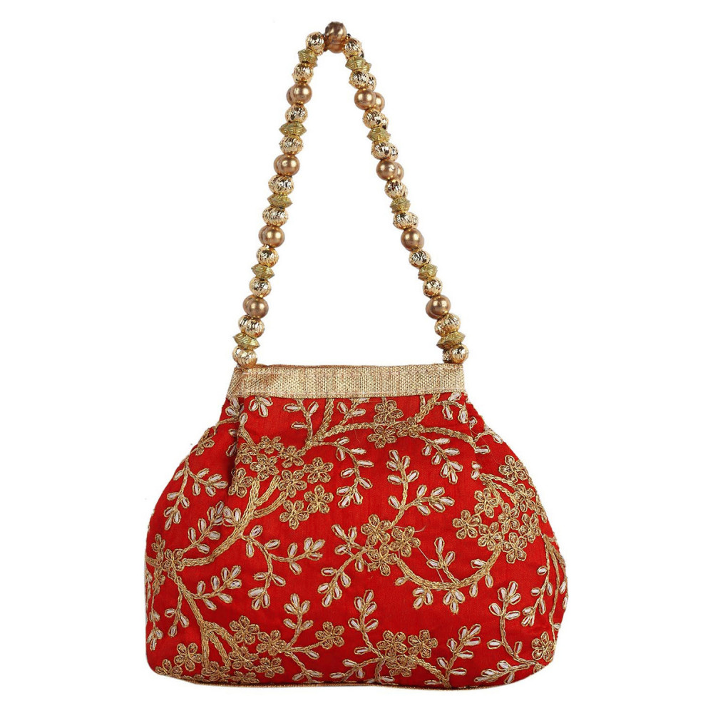 Kuber Industries Attractive Embroidery Polyester Hand Purse &amp; Artificial Pearls Handle With 3 Magnetic Lock for Woman,Girls (Red)