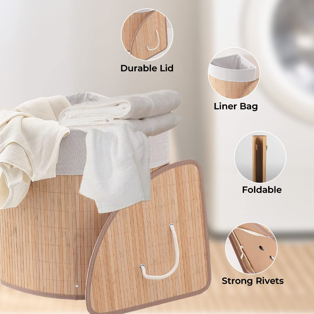 Kuber Industries Bamboo Basket With Lid|Foldable Laundry Basket For Clothes|Durable Rope Handles & Removable Bag|Natural Pack Of 1