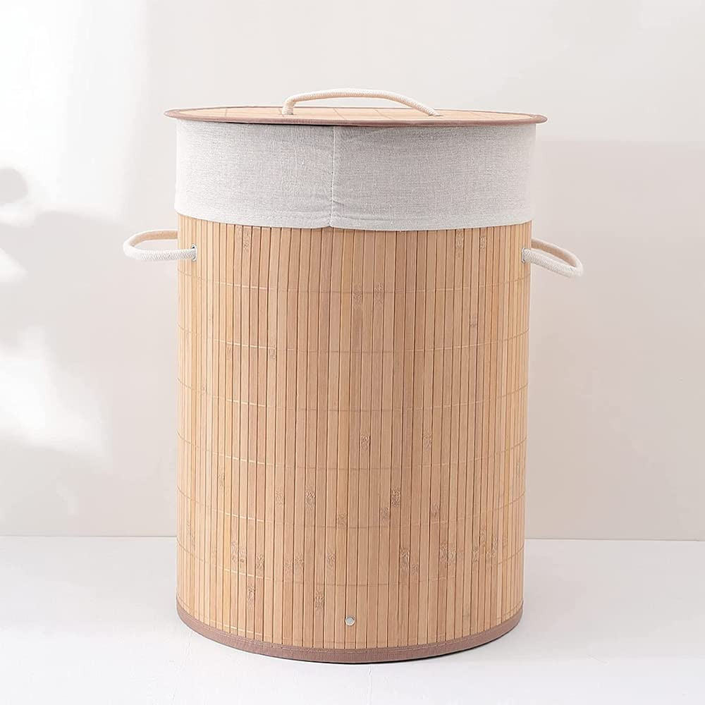 Kuber Industries Bamboo Basket With Lid|Foldable Laundry Basket For Clothes|Durable Rope Handles &amp; Removable Bag (Natural)