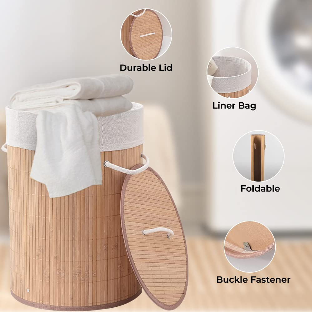 Kuber Industries Bamboo Basket With Lid|Foldable Laundry Basket For Clothes|Durable Rope Handles & Removable Bag (Natural)