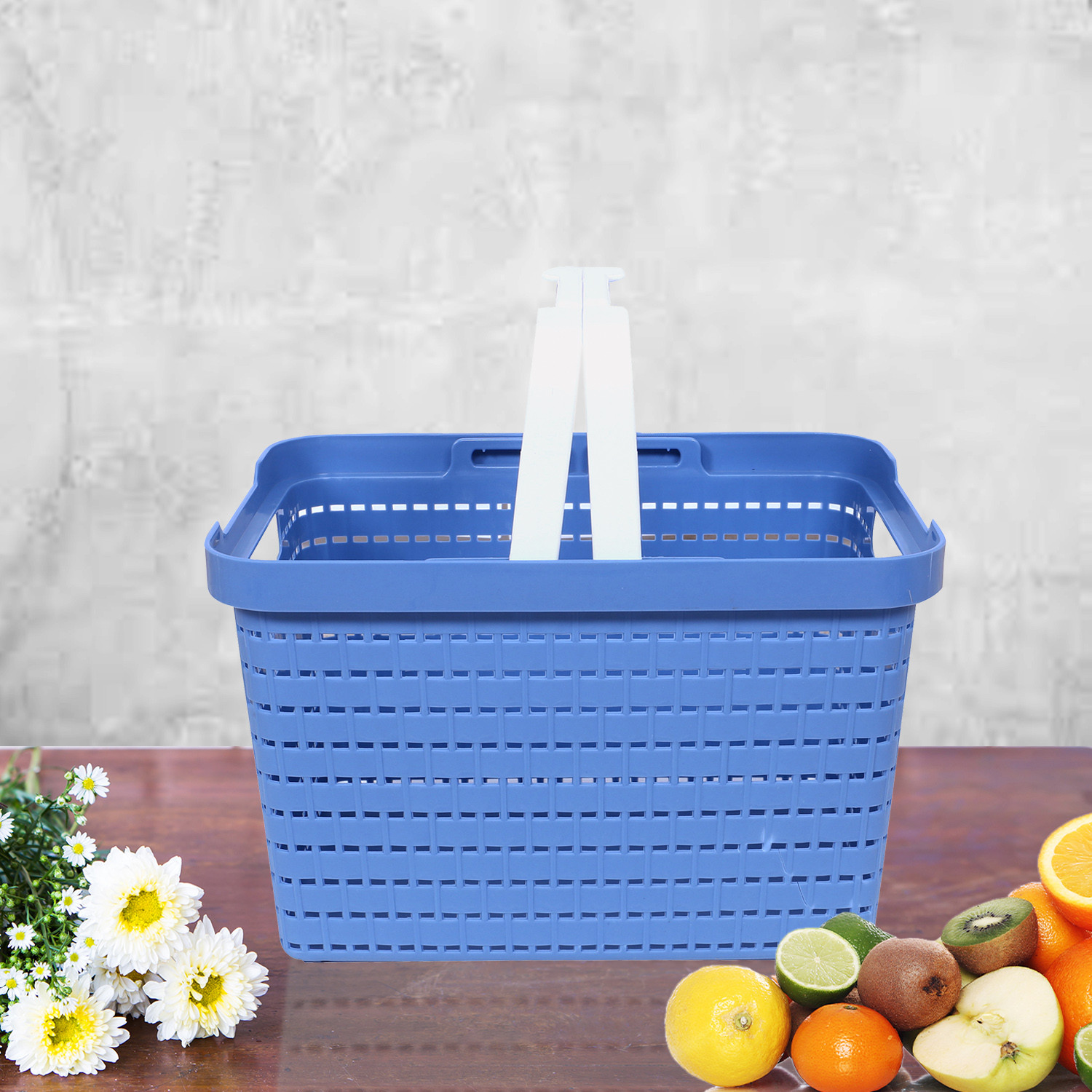 Kuber Industries Basket | Plastic Fruits Storage Basket | Picnic Storage Basket | Kitchen Storage Basket | Stationery Storage Basket | FLORA-222 | Pack of 2 | Blue & Coffee